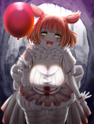 Rule 34 | 1girl, balloon, bandages, bloomers, breasts, cleavage, clown, facepaint, frills, genderswap, genderswap (mtf), highres, holding, it (stephen king), lips, neck ruff, orange hair, pennywise, short hair, short twintails, solo, thighhighs, twintails, underwear, yellow eyes