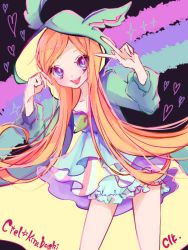 Rule 34 | 1girl, :d, animal hood, bare legs, blonde hair, bloomers, blue eyes, blush, charuko, commentary, cowboy shot, hands up, heart, hood, kirahoshi ciel, kirakira precure a la mode, leaning forward, long hair, long sleeves, looking at viewer, multicolored background, open mouth, pajamas, precure, round teeth, signature, smile, solo, star (symbol), teeth, underwear, upper teeth only, v
