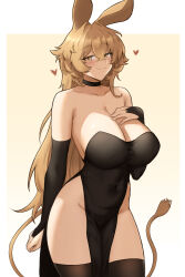 Rule 34 | 1girl, alternate costume, animal ears, arknights, bare shoulders, black gloves, black thighhighs, blonde hair, breasts, bridal gauntlets, cleavage, commentary, cowboy shot, dorothy (arknights), elbow gloves, fangs (fangs art), gloves, groin, hair intakes, highres, large breasts, long hair, looking at viewer, pelvic curtain, solo, standing, tail, thighhighs, thighs, very long hair, yellow background, yellow eyes