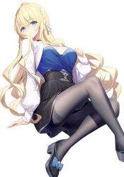 Rule 34 | 1girl, ahoge, black choker, black footwear, black pantyhose, black skirt, blonde hair, blue eyes, blue shirt, bow, braid, breasts, choker, closed mouth, commentary request, cropped jacket, hair between eyes, hair bow, high heels, highres, jacket, long hair, long sleeves, looking at viewer, medium breasts, open clothes, open jacket, original, pantyhose, puffy long sleeves, puffy sleeves, ririko (zhuoyandesailaer), saegusa futaba, shirt, shoes, simple background, skirt, sleeves past wrists, smile, solo, strapless, strapless shirt, thighband pantyhose, very long hair, white background, white bow, white jacket
