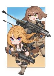 Rule 34 | 2girls, absurdres, airburst grenade launcher, blue eyes, blush, break-action grenade launcher, brown gloves, brown hair, bullpup, closed eyes, commentary, computerized scope, day, english commentary, full body, gloves, green eyes, grenade launcher, gun, hair between eyes, heckler &amp; koch, highres, holding, holding gun, holding weapon, knee pads, long hair, looking at viewer, m79, microphone, military, multiple girls, open mouth, orange hair, orbital atk, original, outdoors, precision-guided firearm, scope, semi-automatic firearm, semi-automatic grenade launcher, serious, short hair, sight (weapon), smart scope, smile, springfield armory, srtdrawart, tactical clothes, weapon, xm104 (smart scope), xm25 cdte