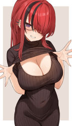 Rule 34 | 1girl, absurdres, black dress, black hair, blush, breasts, choco tanuki, cleavage, cleavage cutout, clothes lift, clothing cutout, covered navel, dress, ear piercing, glasses, hair over one eye, highres, lain paterson, large breasts, lifted by self, looking at viewer, multicolored hair, nijisanji, one eye covered, outside border, piercing, purple eyes, red hair, simple background, smile, virtual youtuber
