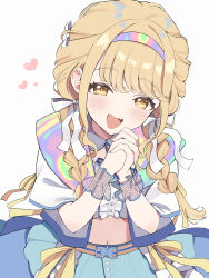 Rule 34 | 1girl, :d, absurdres, blonde hair, blue skirt, blush, bow, braid, center frills, commentary request, cropped shirt, fang, frills, fujita kotone, gakuen idolmaster, hair bow, hairband, heart, highres, idol, idolmaster, jacket, long hair, looking at viewer, midriff, multicolored clothes, multicolored hairband, multicolored jacket, navel, open mouth, own hands together, partial commentary, pink nails, ribbon, simple background, skin fang, skirt, smile, solo, swept bangs, twin braids, upper body, ura (hamburg oniku), white background, white bow, white jacket, wrist cuffs, yellow eyes, yellow ribbon