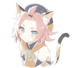 1girl :t animal_ear_fluff animal_ears bangs_pinned_back bare_shoulders blue_eyes blush cat_ears cat_girl cat_tail closed_mouth detached_sleeves diona_(genshin_impact) genshin_impact looking_at_viewer medium_hair pink_hair pout shirase_(shirose) simple_background solo tail upper_body white_background