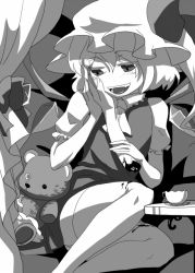 Rule 34 | 1girl, ascot, crystal, cup, curtains, female focus, flandre scarlet, greyscale, guro, hat, komekasi, monochrome, open mouth, puffy sleeves, severed hand, short hair, short sleeves, side ponytail, sitting, solo, stuffed animal, stuffed toy, teacup, teddy bear, thighhighs, touhou, wings, yandere