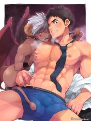 Rule 34 | 2boys, abs, blue male underwear, boxer briefs, bulge, clothed male nude male, collar, dark-skinned male, dark skin, demon boy, demon horns, demon tail, demon wings, facial mark, grabbing, groping, highres, horns, looking at another, male focus, male underwear, multiple boys, muscular, navel, necktie, nipples, nude, original, pectoral grab, pectorals, spiked collar, spikes, tail, torakichi (ebitendon), twitter username, underwear, undressing, white hair, wings, yaoi