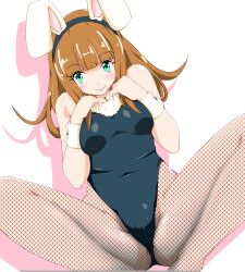 Rule 34 | 1girl, animal ears, black leotard, black pantyhose, blunt bangs, bow, bowtie, breasts, brown hair, closed mouth, commentary, covered navel, detached collar, fake animal ears, fishnet pantyhose, fishnets, from above, fur-trimmed leotard, fur trim, green eyes, hands on own chest, highleg, highleg leotard, kunney, leotard, lying, medium breasts, medium hair, on back, original, pantyhose, playboy bunny, rabbit ears, shadow, simple background, smile, solo, spread legs, strapless, strapless leotard, white background, wrist cuffs