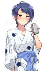 Rule 34 | 1girl, beer can, black eyes, blue bow, blue hair, blush, bow, breasts, can, cleavage, collarbone, cowboy shot, drink can, hand up, highres, holding, holding can, hot, idolmaster, idolmaster cinderella girls, idolmaster cinderella girls starlight stage, japanese clothes, kimono, long sleeves, looking at viewer, medium breasts, parted lips, pmoufu, print kimono, puff of air, short hair, simple background, solo, standing, steam, sweat, waist bow, wakui rumi, white background, white kimono, wide sleeves