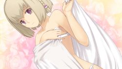 Rule 34 | 1girl, :/, ar tonelico, ar tonelico iii, bare shoulders, bed sheet, blonde hair, bra, braid, closed mouth, collarbone, dutch angle, floral background, frilled bra, frilled panties, frills, frown, game cg, holding, lingerie, nagi ryou, panties, purple eyes, saki (ar tonelico), short hair, solo, tears, towel, underwear, underwear only, white bra, white panties