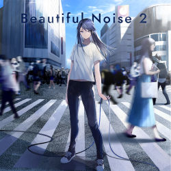 Rule 34 | 1girl, album cover, black pants, blue hair, casual, closed mouth, cover, crosswalk, day, holding, long hair, looking at viewer, motion blur, original, outdoors, pants, purple eyes, shirt, shoes, short sleeves, sogawa, solo focus, standing, t-shirt, white shirt