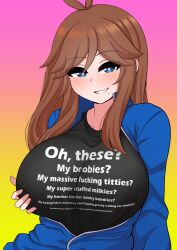 Rule 34 | 1girl, absurdres, blue eyes, blush, breasts, brown hair, clothes writing, english text, grabbing own breast, gradient background, grin, highres, huge breasts, long hair, looking at viewer, meme, mole, mole under mouth, oh these? my boobies?, original, parted lips, profanity, simple background, smile, solo, teeth, the only shoe, tisha tsuu