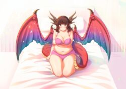 Rule 34 | 1girl, absurdres, arm support, artist name, bed, belly, blush, bra, breasts, brown hair, character request, cleavage, cloudxmoe, commentary, commission, copyright request, dot mouth, english commentary, english text, full body, gradient wings, highres, horns, large breasts, long hair, looking at viewer, multicolored wings, navel, on bed, panties, pillow, pink bra, pink panties, plump, pointy ears, red tail, seiza, sidelighting, sitting, solo, straight-on, tail, thick thighs, thighs, underwear, wings, yellow eyes