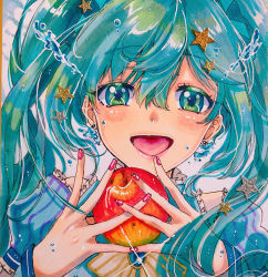 Rule 34 | 1girl, :d, absurdres, aqua hair, blue sleeves, bow, bowtie, detached sleeves, floating hair, food, frilled sleeves, frills, fruit, green eyes, hair between eyes, hair ornament, hatsune miku, highres, holding, holding food, holding fruit, jewelry, long hair, looking at viewer, nail polish, nununu (nununu386), open mouth, portrait, red nails, smile, solo, sparkle, star (symbol), star hair ornament, striped bow, striped bowtie, striped clothes, striped neckwear, striped sleeves, vocaloid, yellow neckwear