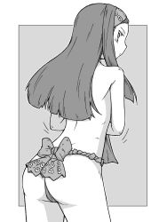 Rule 34 | 1girl, absurdres, ass, back, blunt ends, closed mouth, commentary, cowboy shot, from behind, fundoshi, girls und panzer, greyscale, headband, highres, japanese clothes, leaning forward, long hair, looking at viewer, looking back, monochrome, motion lines, outside border, renshiu, saemonza (girls und panzer), solo, standing, straight hair, topless, underwear, underwear only