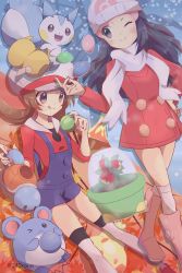 Rule 34 | 2girls, 343rone, :q, absurdres, beanie, black hair, blue overalls, blush, boots, brown eyes, brown hair, cabbie hat, closed mouth, coat, commentary request, creatures (company), dawn (pokemon), eyelashes, game freak, gen 1 pokemon, gen 2 pokemon, gen 4 pokemon, hair ornament, hairclip, hand on own hip, hand up, hat, highres, holding, long hair, long sleeves, lyra (pokemon), marill, multiple girls, nintendo, one eye closed, over-kneehighs, overalls, pachirisu, pink footwear, poffin, pokemon, pokemon (creature), pokemon dppt, pokemon hgss, pokemon platinum, psyduck, red coat, red footwear, red shirt, scarf, shirt, shoes, smile, squirtle, themed object, thighhighs, tongue, tongue out, twintails, watering can, white headwear, white legwear, white scarf