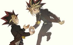 Rule 34 | 2boys, abaraya, black hair, child, duel monster, dyed bangs, feet out of frame, floating, jacket, looking at another, male focus, millennium puzzle, multicolored hair, multiple boys, muto yugi, purple eyes, simple background, spiked hair, straight-on, white background, yami yugi, yu-gi-oh!