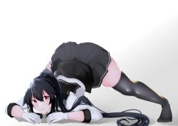 Rule 34 | 1girl, arm rest, black hair, black sailor collar, black skirt, commentary request, gloves, gradient background, hands on ground, highres, jack-o&#039; challenge, kantai collection, long hair, long sleeves, looking at viewer, meme, pleated skirt, ponytail, red eyes, sailor collar, sailor shirt, school uniform, serafuku, shirt, sidelocks, skirt, solo, spread legs, stretching, thighhighs, top-down bottom-up, white background, white gloves, wide spread legs, yahagi (kancolle), yahagi kai ni (kancolle), z (knkr1025)
