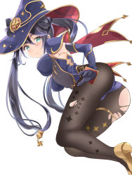 1girl, armor, ass, bangs, black gloves, black hair, black legwear, blue headwear, blue leotard, blue sleeves, blush, breasts, brown footwear, closed mouth, commentary request, detached sleeves, eyebrows visible through hair, genshin impact, gloves, green eyes, hair between eyes, hat, high heels, highres, kurun (kurun777), leotard, long hair, long sleeves, looking at viewer, medium breasts, mona (genshin impact), pauldrons, shoe soles, shoes, shoulder armor, simple background, solo, torn clothes, torn legwear, twintails, very long hair, white background, witch hat