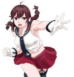 Rule 34 | 10s, 1girl, bad id, bad pixiv id, braid, brown hair, gloves, green eyes, kantai collection, long hair, noshiro (kancolle), ojipon, open mouth, school uniform, simple background, skirt, solo, white background, white gloves