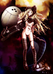 Rule 34 | 1girl, alice (alice in wonderland), alice in wonderland, blonde hair, blue eyes, body writing, bottomless, bow, breastless clothes, breasts, chainsaw, crotchless, dark, dual wielding, flat chest, hair bow, high heels, holding, legs, long hair, mad hatter (alice in wonderland), navel, nekonpo, open mouth, pussy, ribs, shoes, solo, striped clothes, striped thighhighs, sunset, sweat, sword, thighhighs, torn clothes, torn thighhighs, ueda metawo, very long hair, weapon