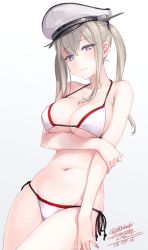 Rule 34 | 10s, 1girl, 2016, artist name, bare arms, bare shoulders, bikini, black ribbon, blonde hair, blue eyes, breast hold, breasts, cleavage, closed mouth, collar, collarbone, cowboy shot, dated, eyebrows, eyelashes, gradient background, graf zeppelin (kancolle), grey background, halterneck, hand on own arm, hat, holding own arm, kantai collection, large breasts, long hair, looking at viewer, pale skin, peaked cap, ribbon, rokuwata tomoe, side-tie bikini bottom, sidelocks, signature, simple background, smile, solo, standing, string bikini, swimsuit, twintails, white bikini, white hat