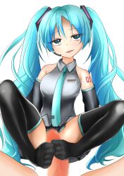 Rule 34 | 1girl, black thighhighs, blue eyes, blue hair, censored, feet, footjob, hatsune miku, highres, light blush, long hair, looking at viewer, mosaic censoring, open mouth, penis, thighhighs, toes, twintails, vocaloid