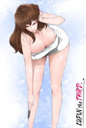 Rule 34 | 1girl, bare shoulders, bent over, breasts, brown hair, cleavage, closed eyes, dress, highres, huge breasts, knife, legs, libre, long hair, long legs, lupin iii, mine fujiko, naked towel, shiny skin, simple background, solo, thighs, towel, white background, white dress