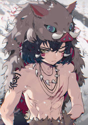 Rule 34 | 1boy, absurdres, arms at sides, blood, blue hair, boar mask, commentary, dated, facepaint, frown, fur, green eyes, hair between eyes, hands on own hips, hashibira inosuke, highres, jewelry, kimetsu no yaiba, looking to the side, male focus, mask, mask on head, muscular, necklace, one eye closed, scar, scar on chest, shoulder tattoo, snow, solo, symbol-only commentary, taowu (20809), tattoo, tooth necklace, topless male, tusks, upper body