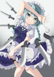 Rule 34 | 1girl, apron, black ribbon, blue dress, breasts, closed mouth, collared shirt, commentary request, dress, frilled apron, frilled dress, frills, gradient background, grey background, grey hair, highres, izayoi sakuya, knife, liebe earyal, maid, maid apron, pocket watch, puffy short sleeves, puffy sleeves, ribbon, shirt, short sleeves, simple background, small breasts, solo, touhou, upper body, waist apron, watch, white apron, white shirt