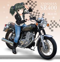 Rule 34 | 1girl, ;), absurdres, black footwear, black jacket, boots, character name, denim, flick (sal23), fujii tomo, hair ornament, hair scrunchie, hand up, highres, idolmaster, idolmaster cinderella girls, jacket, jeans, leather, leather jacket, motor vehicle, motorcycle, one eye closed, pants, scrunchie, shirt, short twintails, smile, solo, t-shirt, twintails, yamaha sr400