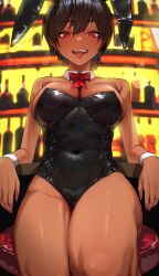 Rule 34 | 1girl, :p, alcohol, animal ears, bar stool, bare legs, bare shoulders, black hair, black leotard, blurry, blurry background, bow, breasts, chromatic aberration, cleavage, covered navel, dark skin, detached collar, eyelashes, fake animal ears, fingernails, foreshortening, highres, large breasts, legs together, leotard, long eyelashes, long fingernails, looking at viewer, medium breasts, original, playboy bunny, rabbit ears, rakuga kiya, red bow, red eyes, red nails, revision, sharp fingernails, short hair, sitting, solo, stool, thick thighs, thighs, tongue, tongue out, wrist cuffs