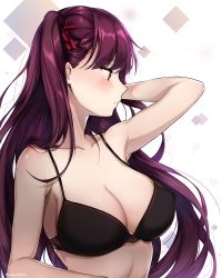 Rule 34 | 1girl, arm at side, arm up, armpits, artist name, bare arms, black bra, blush, bra, breasts, brown hair, cleavage, closed mouth, unworn clothes, collarbone, eyes visible through hair, girls&#039; frontline, hair ribbon, half updo, hand in own hair, large breasts, long hair, looking away, one side up, purple hair, red eyes, ribbon, side ponytail, simple background, solo, stomach, tsurime, underwear, underwear only, upper body, very long hair, wa2000 (girls&#039; frontline), yeooudam
