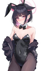 Rule 34 | 1girl, absurdres, animal ears, black hair, black jacket, black leotard, black pantyhose, blue archive, breasts, cat ears, collarbone, colored inner hair, covered navel, cowboy shot, detached collar, fake animal ears, halo, highres, jacket, kazusa (blue archive), kurokin, leotard, looking at viewer, medium breasts, multicolored hair, pantyhose, pink hair, pink halo, rabbit ears, red eyes, short hair, simple background, solo, strapless, strapless leotard, white background