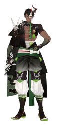 Rule 34 | 1boy, abs, aragami oga, arm guards, arm warmers, asymmetrical clothes, bare pectorals, black hair, black kimono, boots, bow, collar, dark-skinned male, dark skin, earrings, full body, gloves, gradient pants, green bow, green eyes, hair over shoulder, half mask, hand on own hip, highres, hoe-l, holostars, horns, japanese clothes, jewelry, kimono, kyahan, low ponytail, mask, muscular, muscular male, official art, partially fingerless gloves, pectorals, red eyes, sarashi, shoulder guard, single earring, single horn, standing, tassel, transparent background, v-shaped eyebrows, virtual youtuber, white bow, white mask