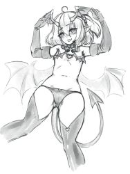 Rule 34 | 1girl, :p, ahoge, barbariank, bare shoulders, blush, breasts, commentary, demon girl, demon tail, demon wings, devil (monster girl encyclopedia), elbow gloves, english commentary, eyes visible through hair, feet out of frame, gloves, gluteal fold, greyscale, hair between eyes, hands up, head wings, highres, looking at viewer, monochrome, monster girl encyclopedia, monster girl encyclopedia ii, one side up, pointy ears, revealing clothes, short hair, simple background, sketch, small breasts, smile, solo, tail, thighhighs, tongue, tongue out, wings