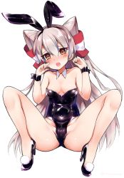 Rule 34 | 10s, 1girl, :o, amatsukaze (kancolle), animal ears, bare legs, bare shoulders, black footwear, blush, breasts, cameltoe, cleavage, detached collar, fake animal ears, hairband, high heels, kantai collection, long hair, orange eyes, playboy bunny, rabbit ears, sakurayume kome, shoes, silver hair, simple background, sitting, small breasts, solo, spread legs, very long hair, white background, wrist cuffs