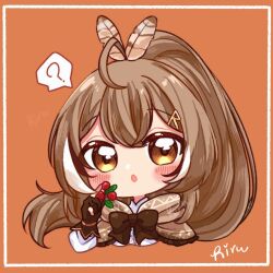 Rule 34 | 1girl, :o, ?, ahoge, berry, brown capelet, brown cloak, capelet, chibi, cloak, crossed bangs, double-parted bangs, feather hair ornament, feathers, food, fruit, gloves, hair ornament, hairclip, highres, holding, holding food, holding fruit, hololive, hololive english, long hair, looking at viewer, nanashi mumei, nanashi mumei (1st costume), orange background, partially fingerless gloves, ponytail, ribbon, rirumato, shirt, upper body, very long hair, virtual youtuber, white shirt