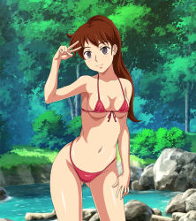 Rule 34 | 1girl, ai no wakakusa monogatari, amagamigamigami (tomato emperor), arm at side, bad id, bad pixiv id, bikini, bikini top only, breasts, breasts apart, brown hair, bush, closed mouth, collarbone, cowboy shot, day, front-tie bikini top, front-tie top, gluteal fold, grey eyes, groin, hand on own thigh, hand up, head tilt, high ponytail, josephine march, leaning to the side, legs apart, long hair, looking at viewer, medium breasts, micro bikini, micro bikini top, navel, outdoors, pond, red bikini, rock, shadow, shiny skin, skindentation, smile, solo, standing, sunlight, swimsuit, thighs, tree, underboob, v, water, wide hips, world masterpiece theater