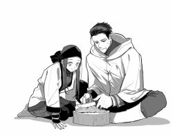 Rule 34 | 10s, 1boy, 1girl, ainu, ainu clothes, asirpa, bandana, black hair, cape, child, cooking, earrings, facial hair, food, frown, golden kamuy, greyscale, hair slicked back, holding, holding knife, honey dogs, hoop earrings, indian style, jewelry, knife, long hair, military, military uniform, monochrome, ogata hyakunosuke, scar, scar on face, seiza, short hair, sitting, smile, uniform