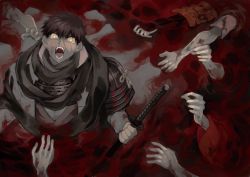 Rule 34 | 10s, 1boy, armor, black hair, blood, corpse, cover, cover page, doudanuki masakuni, glowing, glowing eyes, grayterre, highres, japanese armor, japanese clothes, looking at viewer, male focus, open mouth, shouting, solo, sword, touken ranbu, weapon, yellow eyes