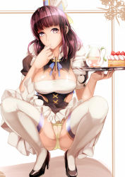 Rule 34 | 1girl, bow, breasts, cake, cameltoe, cleavage, clothing cutout, derivative work, dress, dungeon and fighter, female crusader (dungeon and fighter), female priest (dungeon and fighter), finger in own mouth, food, frills, gzsd, hat, high heels, highres, holding, holding tray, maid, panties, puffy short sleeves, puffy sleeves, purple eyes, purple hair, sexually suggestive, short sleeves, side cutout, sidelocks, solo, spread legs, squatting, thighhighs, tray, underwear, yellow panties