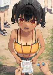 Rule 34 | 1girl, 3others, black hair, blush, breasts, camisole, cleavage, collarbone, fangs, gaki kyonyuu, grey shorts, highres, holding, kaedeko (kaedelic), lanyard, large breasts, looking at viewer, midriff, multiple others, navel, one-piece tan, oppai loli, pov, red eyes, sandals, sasaki kanna (kaedeko), short hair, shorts, signature, solo focus, standing, sweatdrop, tan, tanline, toes, twintails, yellow camisole
