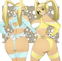 Rule 34 | 1990s (style), 2girls, ass, bare shoulders, black hair, blonde hair, breasts, brown eyes, domino mask, dual persona, hand on own hip, heart, heart cutout, hip focus, large breasts, leotard, looking at viewer, looking back, mask, multiple girls, name john, rainbow mika, shoulder cutout, simple background, street fighter, street fighter zero (series), thighs, twintails, wrestling mask