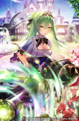 1girl asagi_yuna black_ribbon braid breasts castle cleavage copyright_notice dress flower green_hair grimms_echoes hair_ribbon highres holding holding_cannon holding_weapon large_breasts long_hair medium_breasts official_art open_mouth princess_aurora_(grimms_echoes) puffy_short_sleeves puffy_sleeves red_flower red_rose ribbon rose short_sleeves solo tiara weapon white_dress yellow_eyes