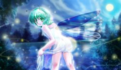 Rule 34 | 1girl, antennae, ass, chemise, female focus, fireflies, full moon, green eyes, green hair, insect wings, light trail, looking at viewer, looking back, matching hair/eyes, moon, night, parted lips, see-through, short hair, solo, strap slip, touhou, tree, tsukiori sasa, wings, wriggle nightbug