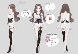 Rule 34 | 18-gou (vtuber), 1girl, arms at sides, bodysuit, breasts, brown hair, character sheet, closed mouth, corset, crossed legs, earrings, elbow gloves, fingerless gloves, garter straps, gloves, grey background, high heels, highres, indie virtual youtuber, jewelry, long hair, looking at viewer, medium breasts, mikazuki mika, multiple views, necklace, purple eyes, ribbon-trimmed gloves, ribbon trim, second-party source, simple background, single thighhigh, standing, thigh strap, thighhighs, turnaround, turtleneck, virtual youtuber, watson cross