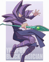 Rule 34 | 1boy, armor, character name, copyright name, dark magician, duel monster, facial mark, futa yuri ryona, hat, highres, holding, holding staff, outstretched arm, purple armor, purple hair, purple headwear, simple background, staff, wizard, wizard hat, yu-gi-oh!