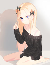 Rule 34 | 1girl, abigail williams (fate), absurdres, bare shoulders, barefoot, black bow, black sweater, blonde hair, blue eyes, blush, bow, breasts, closed mouth, collarbone, fate/grand order, fate (series), feet, forehead, hair bow, highres, holding, holding hair, leavv, long hair, long sleeves, looking at viewer, off-shoulder sweater, off shoulder, orange bow, parted bangs, polka dot, polka dot bow, sitting, small breasts, solo, sweater, thighs, wariza