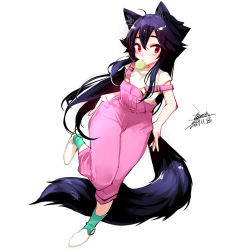 Rule 34 | 1girl, animal ears, black hair, blowing bubbles, chewing gum, dated, ejami, ekko (ejami), fox ears, fox girl, fox tail, full body, long hair, off shoulder, original, overalls, pink overalls, red eyes, shirt, signature, solo, tail, very long hair