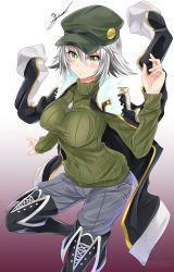 Rule 34 | &gt;:), 1girl, absurdres, black footwear, black jacket, black thighhighs, blush, boots, breasts, closed mouth, cowboy shot, denim, flat cap, green eyes, hair between eyes, hat, highres, jacket, jacket on shoulders, jeans, jewelry, large breasts, long sleeves, looking at viewer, necklace, nez-box, original, pants, ribbed sweater, short hair, silver hair, solo, sweater, thigh boots, thighhighs, tsurime, turtleneck, turtleneck sweater, v-shaped eyebrows